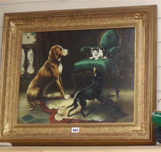 G. Me Tsu, oil on board, Dogs and a cat, signed, 40 x 50cm